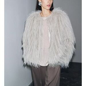 Zara ZW Collection Faux Fur Bomber Coat Silver Gray-NWT -MEDIUM